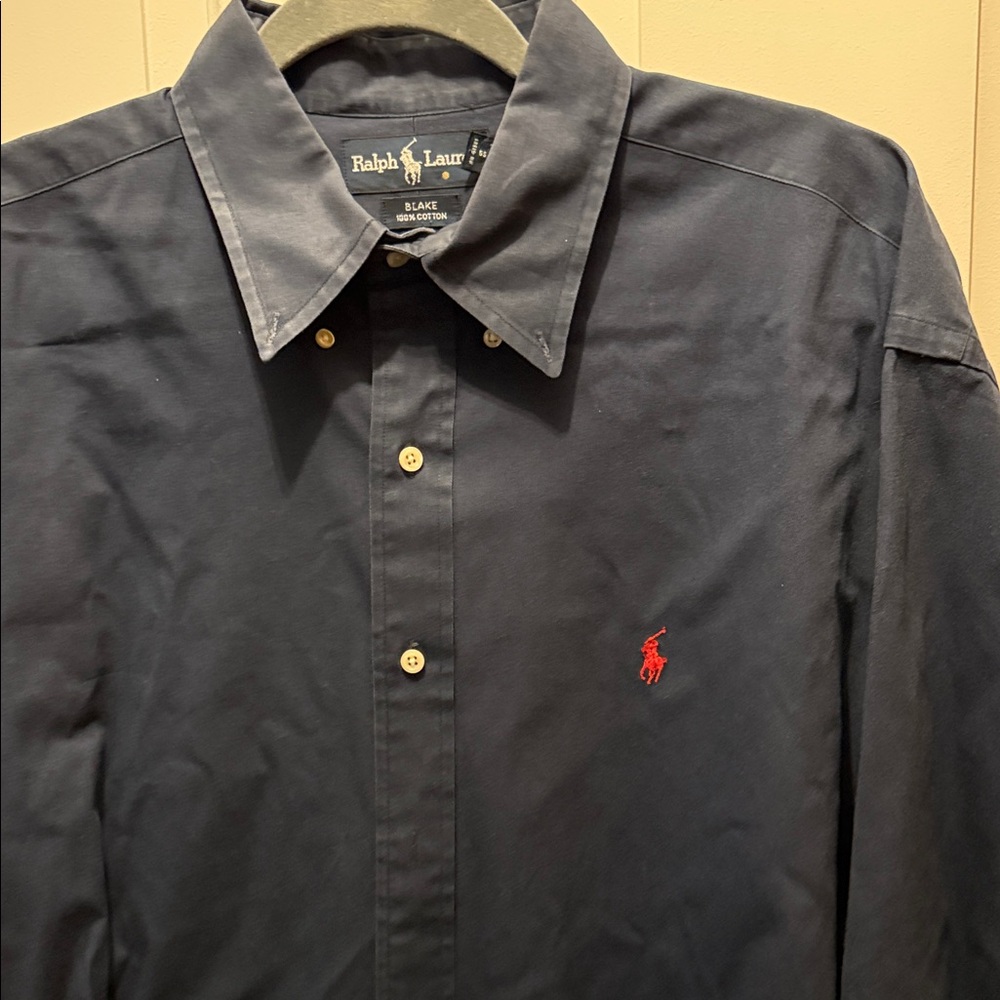 Ralph Lauren Navy Button-Down Shirt with Red Pony Emblem
